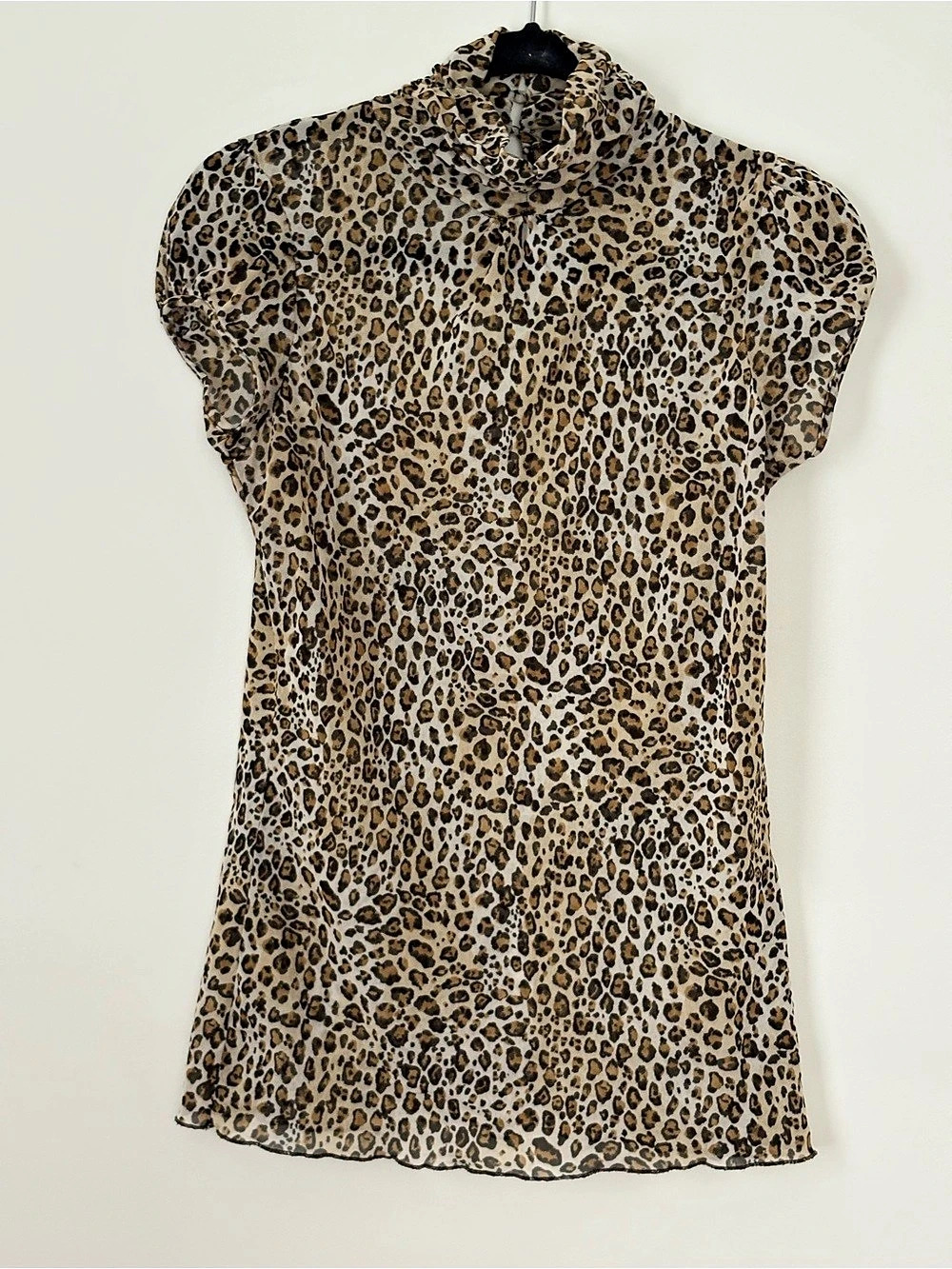 Zara Basic Leopard Mesh Blouse Size L Sheer Puff Sleeve Y2K Animal Print Top